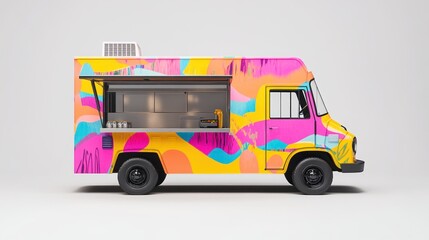 Mobile food truck with colorful branding, set against a plain white backdrop for contrast.