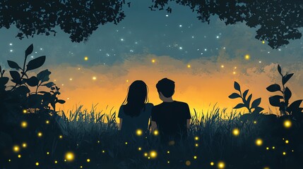 Couple enjoying a romantic sunset amidst fireflies in a serene setting.