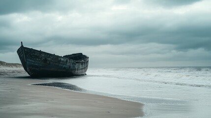 A dilapidated shipwreck lies partially submerged on an empty beach at low tide