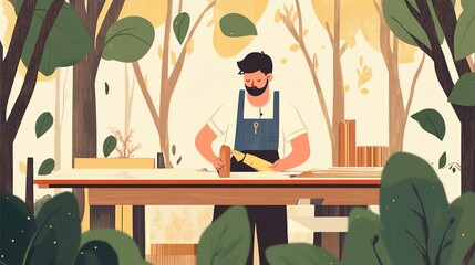 Fototapeta premium Craftsman working in a serene, nature-inspired workshop surrounded by trees.