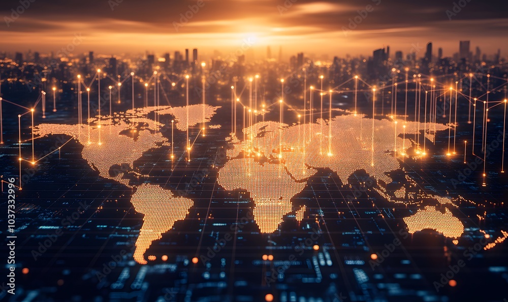 Leinwandbilder A digital representation of a world map illuminated by lines of data, set against a backdrop of a city skyline at sunset.