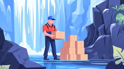 Delivery worker carrying boxes by a waterfall in a tranquil natural setting.