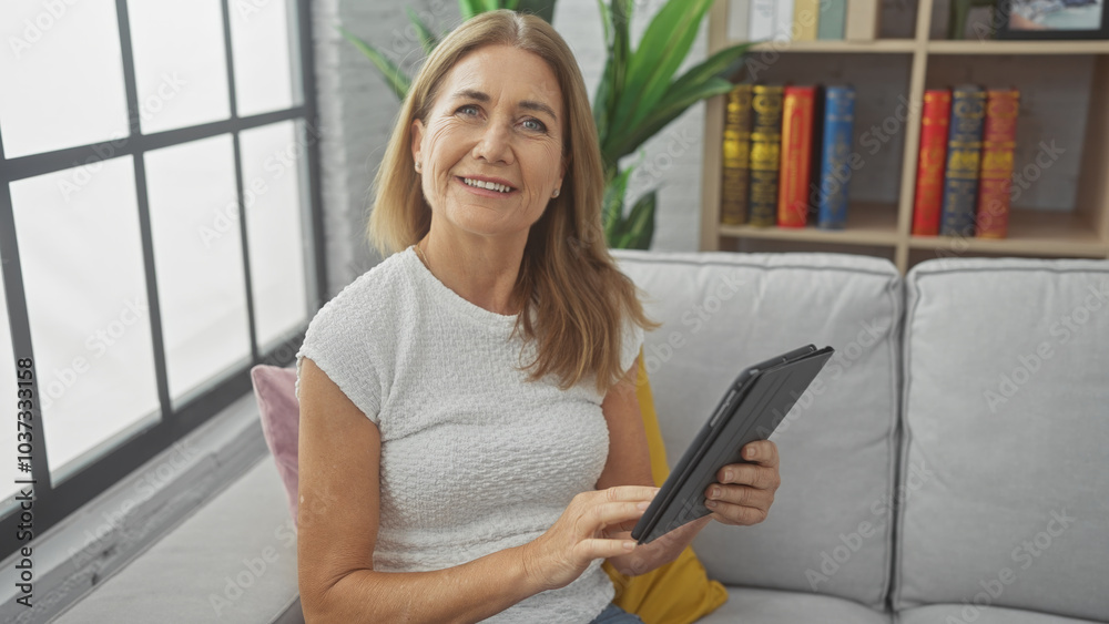 Wall mural a smiling mature woman sitting on a couch at home, looking up from her tablet in a well-lit living r