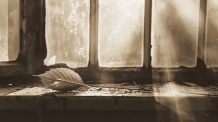 A leaf is on a wooden surface, and the sunlight is shining on it