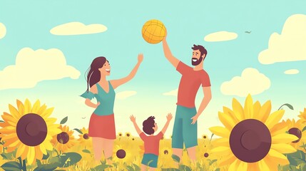 Family enjoying a day in a sunflower field, joyful and playful atmosphere.