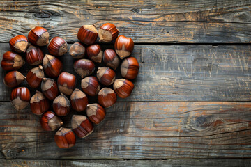 Obraz premium A collection of chestnuts is creatively laid out in the shape of a heart on weathered wood, reflecting autumn's warm tones and natural beauty