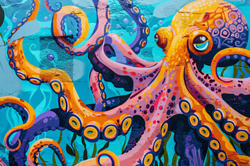 A large octopus mural showcases brilliant shades of orange and blue, bringing a lively energy to the urban landscape while surrounded by colorful oceanic motifs