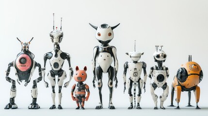 Robot animals designed for healthcare applications, showcasing advanced AI and bio-inspired designs, on white.