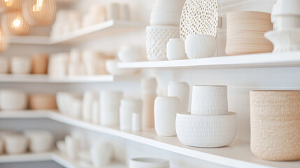 Fototapeta premium Minimalist decor showcases variety of white ceramic and woven vases, creating serene and elegant atmosphere. soft textures and shapes enhance aesthetic appeal of space