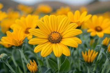Obraz premium Vibrant yellow daisies bloom in a lush garden during early spring in a scenic landscape