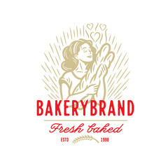 Bakery logo badge design. Girl enjoying the smell of loafs illustration. Baked goods company. Woman silhouette with pastry in her hands.