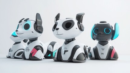Robot pets with interactive AI features and futuristic designs, set against a clean white backdrop.