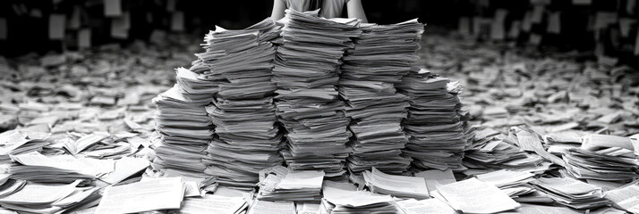 A person stands overwhelmed by large piles of paperwork in a cluttered office environment, emphasizing the chaos of document management