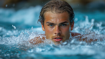 Fototapeta premium A young man propels through clear blue water, displaying strength and focus as he trains on a bright, sunny day