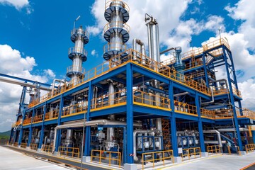 Fototapeta premium Industrial facility featuring large cooling towers, pipes, and bright blue infrastructure under a clear sky