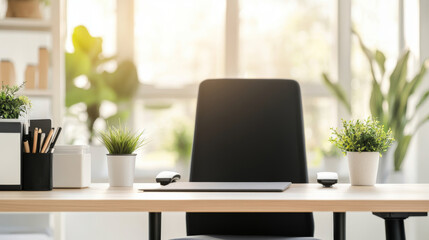Fototapeta premium A modern office space featuring sleek desk, an ergonomic chair, and decorative plants, creating serene and productive atmosphere. natural light enhances inviting ambiance