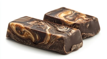 Two pieces of marbled chocolate with swirls of white and dark chocolate.