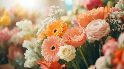 Bright and colorful flowers in vibrant arrangement create cheerful atmosphere, showcasing variety of blooms like roses and gerberas. Perfect for celebrations or gifts