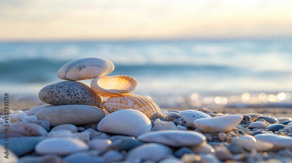 Sticker Tranquil Beach Scene with Shells and Stones