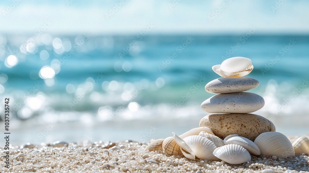 Canvas Prints Tranquil Beach Scene with Stacked Sea Shells