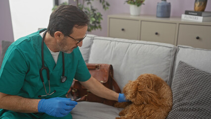A veterinarian gives attention to a poodle on a couch in a cozy living room.