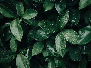 Fototapeta premium Fresh Green Leaves with Water Droplets Close-Up