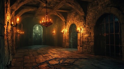 Fototapeta premium cave inside a medieval castle with chains and burning torches