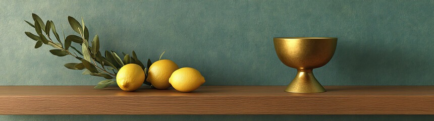 Ultra-realistic Shabbat scene featuring an olive branch, lemons, and a pomegranate in a golden cup on a wooden board, with a blue-green textured wall in the background, emphasizing simplicity and natu