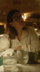 Young hispanic woman dining indoors at an italian restaurant, looking around with a thoughtful expression, glasses and elegant white jacket adding to her beautiful appearance.