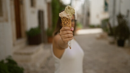 A young hispanic woman holding an ice cream cone walks through the old white streets of locorotondo in puglia, italy, showcasing the charm of the historic european town.