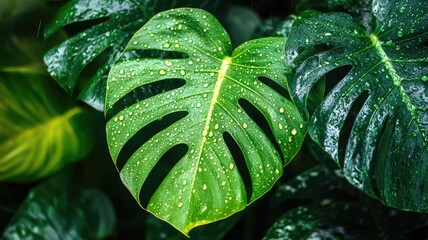 Fototapeta premium Close-up of a Monstera leaf glistening with water droplets in a lush, green setting.