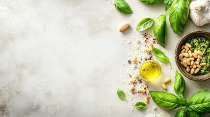 Ingredients for fresh pesto: basil leaves, pine nuts, olive oil, garlic, salt.
