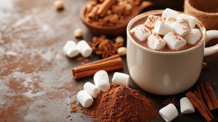 Warm cozy setup with hot chocolate, marshmallows, cinnamon, and cocoa powder.