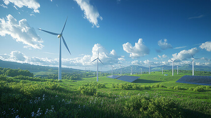 Sustainable Energy Solutions Featuring Solar Panels and Wind Turbines in Nature