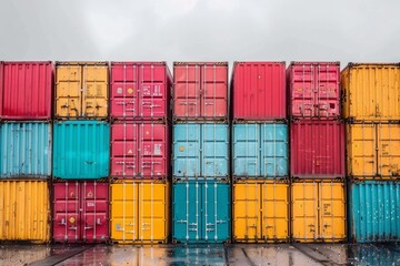 Fototapeta premium Colorful shipping containers stacked in an industrial port under a cloudy sky