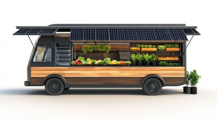 Sustainable food truck with solar panels and eco-friendly materials, isolated on white.