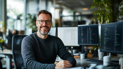 A smiling man in modern office setting, surrounded by computer monitors displaying code. atmosphere is bright and professional, reflecting tech savvy environment