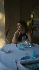 A beautiful young hispanic woman enjoys a quiet moment in an italian restaurant indoors, with sophisticated table settings and atmospheric light illuminating her thoughtful expression.