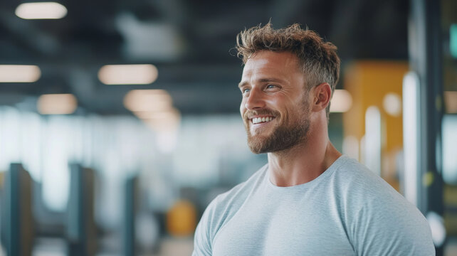 A smiling man in gym setting exudes confidence and positivity, showcasing healthy lifestyle. His well defined physique and casual attire reflect dedication to fitness and well being
