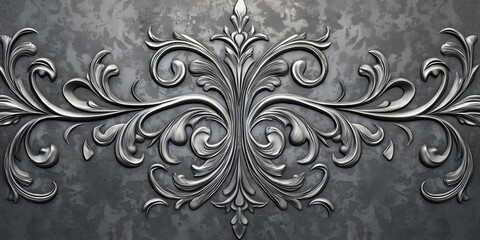 Elegant embossed silver metal panel with ornate floral scrollwork, creating a classic and vintage metallic texture, perfect for decorative or artistic designs, selective focus

