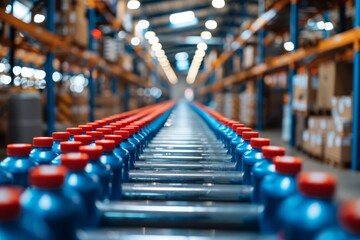 Obraz premium Rows of blue bottles on a conveyor belt in a busy warehouse during the day, highlighting a bustling distribution process