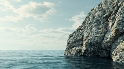 Obraz premium Erosion forms rugged cliffs that dissolve into calm ocean waters beneath fluffy clouds