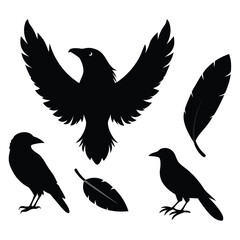 Obraz premium This vector set features elegant silhouettes of crows, ravens, birds, and feathers. Perfect for nature, wildlife, and gothic-themed designs, with minimalist and mysterious charm.