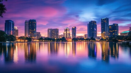 Vibrant cityscape at dusk, showcasing skyscrapers and urban lights reflecting in the calm waters of the river below.