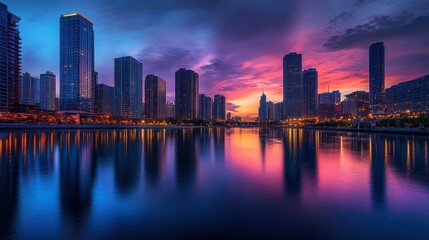 Vibrant cityscape at dusk, showcasing skyscrapers and urban lights reflecting in the calm waters of the river below.