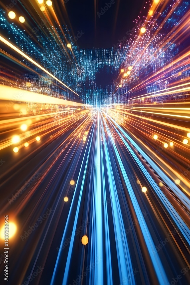 Poster A vibrant, abstract depiction of colorful light trails and digital patterns, creating a sense of movement and energy.