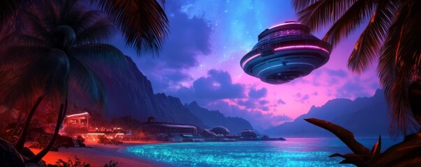 Alien beach with futuristic research station, neon-lit water, bioluminescent flora