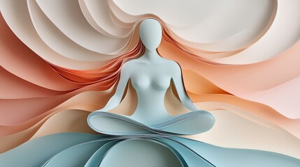 Paper Cut-Style Artwork of a Person in Forward Fold, Layers of Pastel Paper Flowing Around the Figure, Emphasizing Flexibility, Ease, and Fluid Energy in a Peaceful Yoga Setting