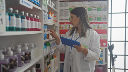 A young hispanic brunette woman in a pharmacy shop wearing a white coat holds a tablet while inspecting products on the shelves indoors.