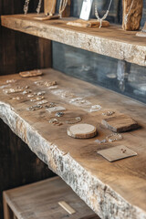 Elegant jewelry displayed on rustic wooden shelf, showcasing variety of rings, earrings, and necklaces. natural wood texture adds warmth and charm to setting